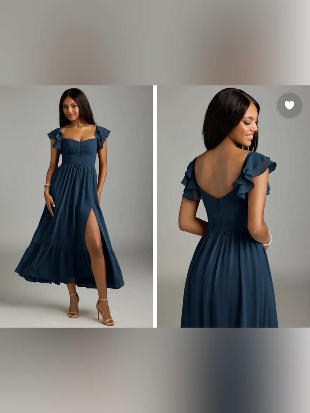 Azazie Anaya Dark Navy Chiffon Dress Size A10 Ruffle Sleeve Wedding Guest